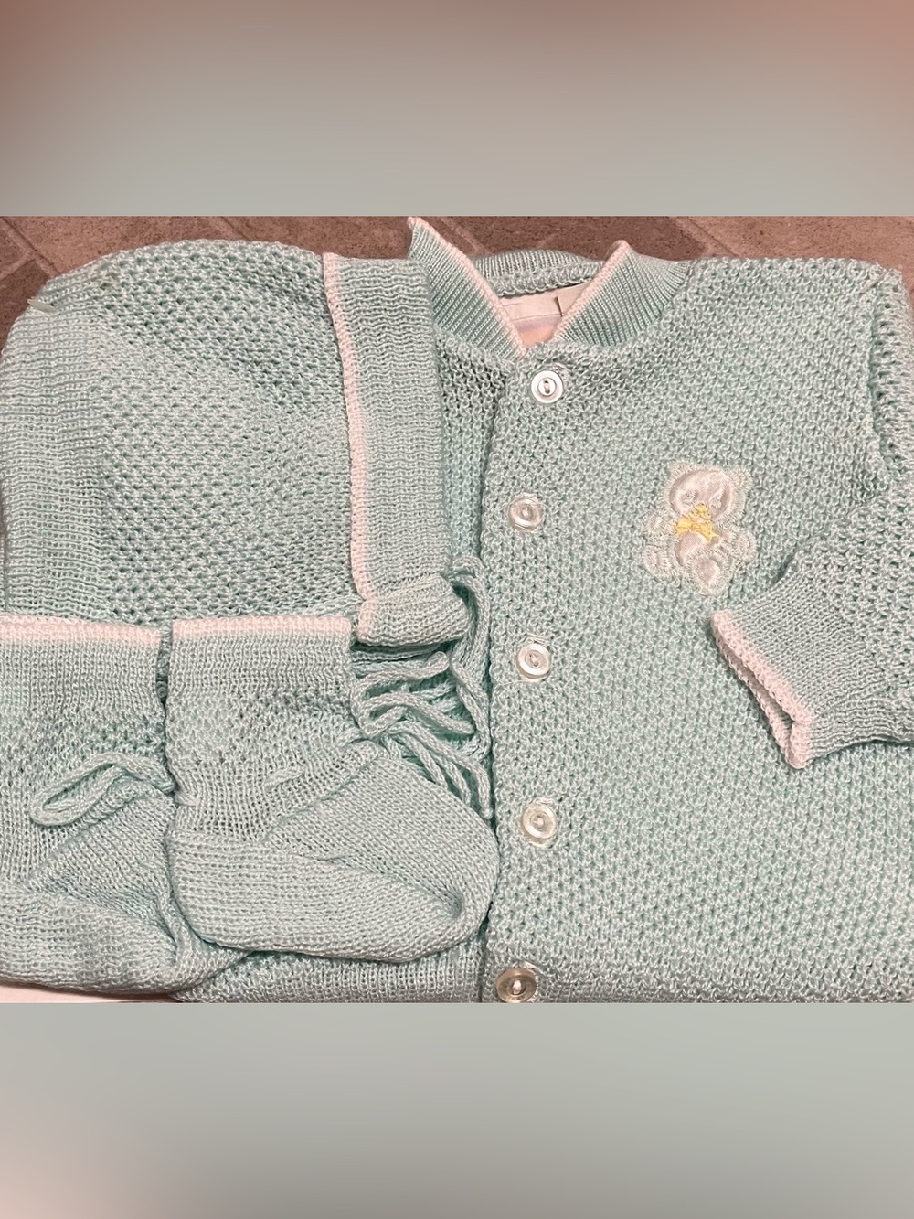 Vintage Baby 3-Piece Sweater, Bonnet & Booties Set - New Old Stock 0-6 mths